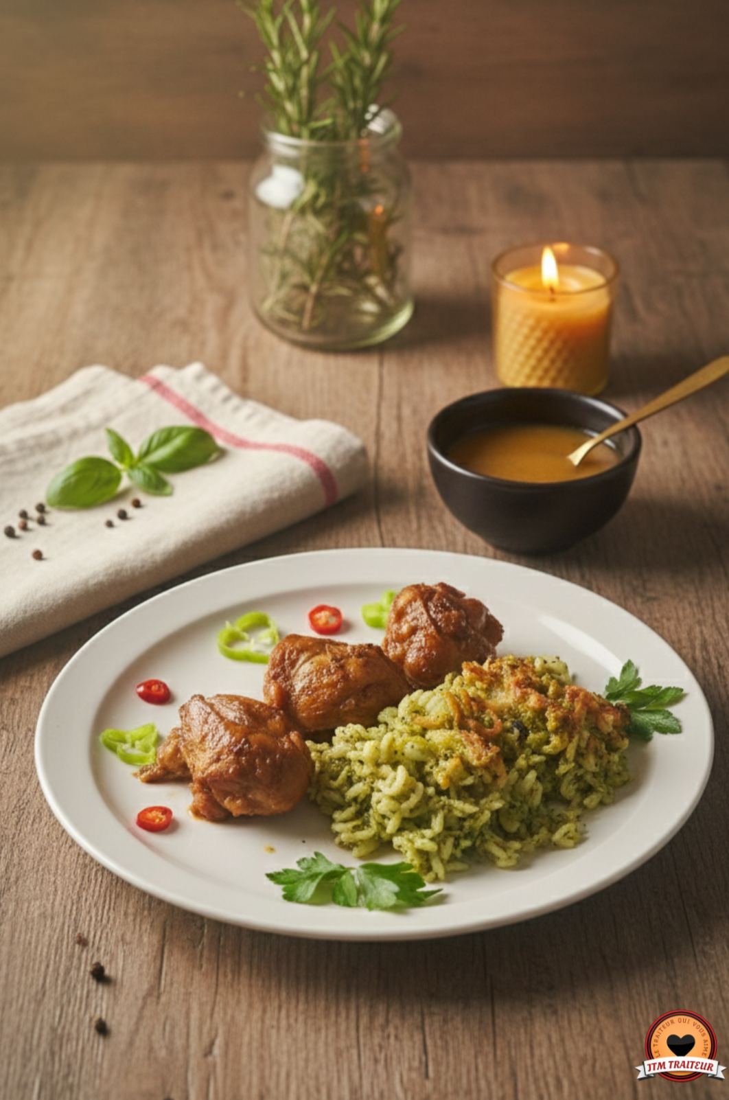 Poulet mariné et riz aux herbes