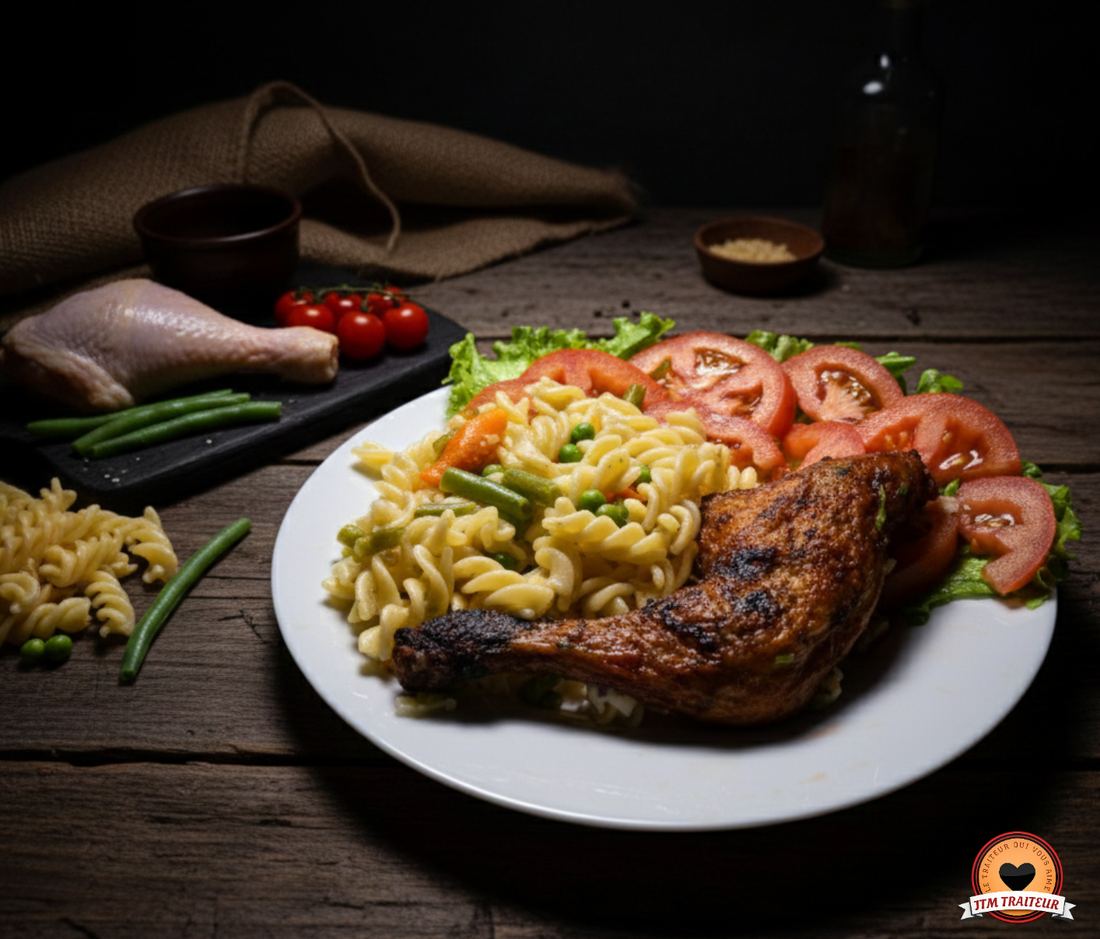 Poulet grillé et pâtes aux légumes